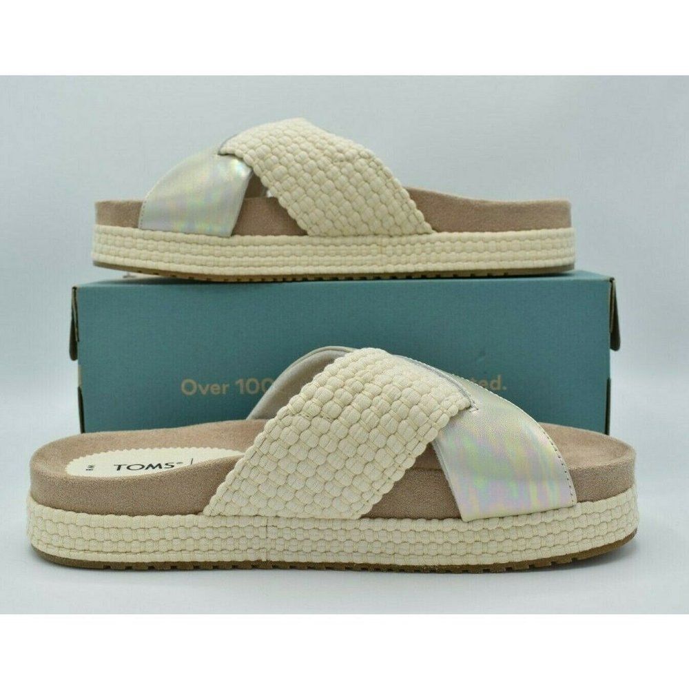 Toms Womens Size 9 Silver Iridescent Leather Woven Trim Paloma Platform Slide - Picture 3 of 10